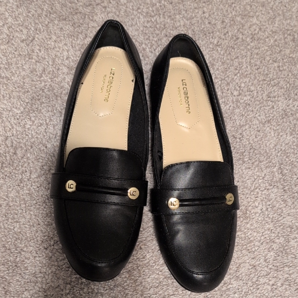 Liz Claiborne Black Leather Loafers with Gold Accents